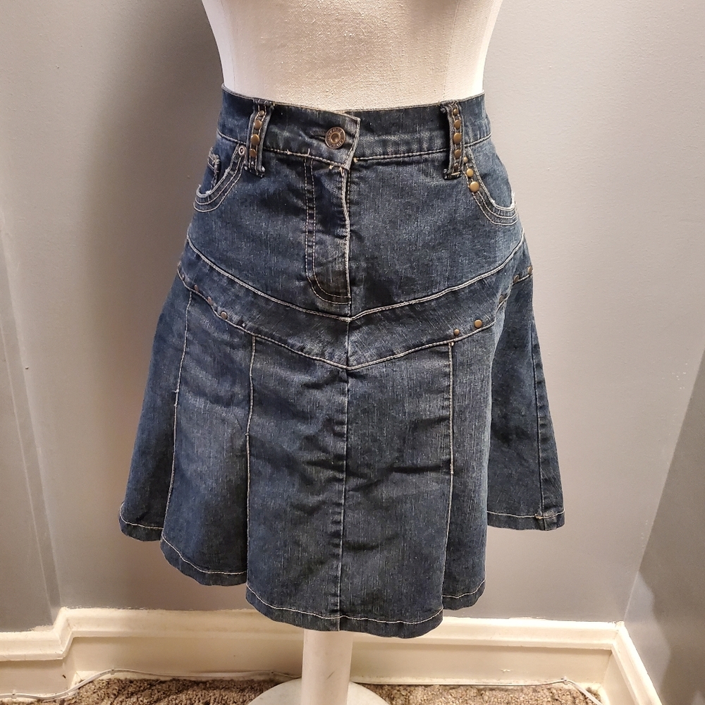No Fuze Pleated Denim Blue Jean Skirt